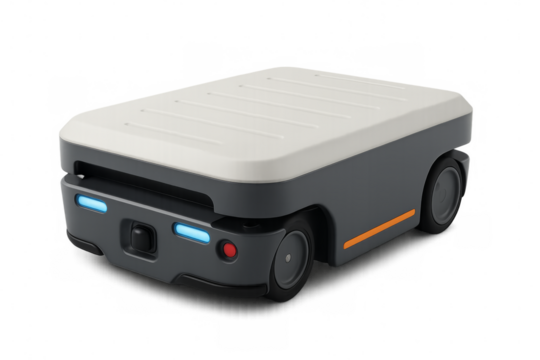 Autonomous mobile robot transporting goods on transparent background