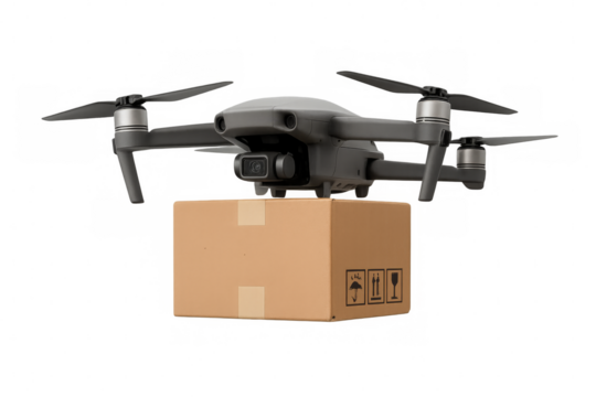 Drone delivering package flying transparent background - Powered by Adobe