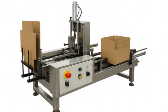 Cardboard box forming automation machine on transparent background