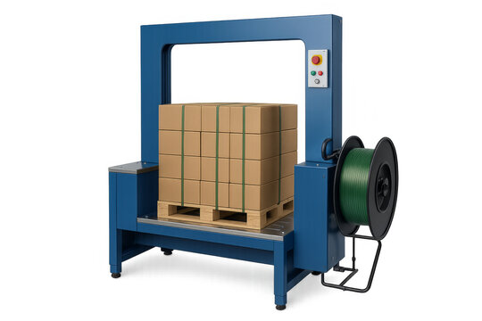 Strapping machine securing cardboard boxes on wooden pallet