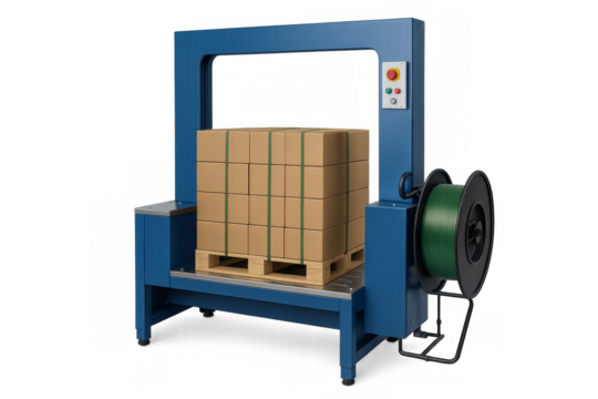 Strapping machine securing cardboard boxes on wooden pallet