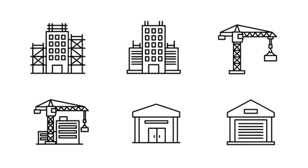 Outline Icons of Construction Sites and Buildings.