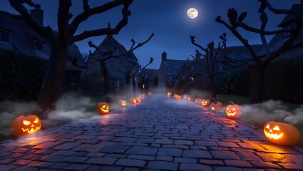 Haunted halloween night pathway lined with jack-o'-lanterns leading to spooky trees and houses