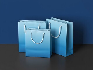 Soft blue paper shopping bags grouped together for retail and gift packaging