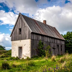 Old weathered wooden house in a field