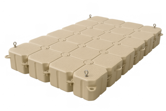 Modular beige floating dock system with transparent background