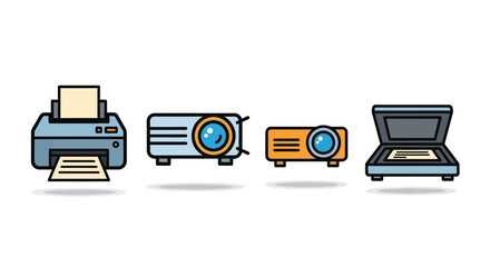 Set of Four Vector-Style Office Equipment - Printer, Projectors, and Scanner.