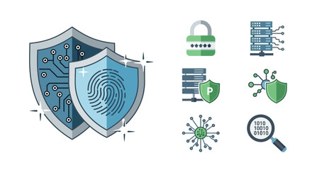 Set of Flat Icons Representing Cybersecurity Protection.