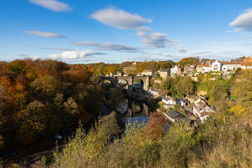 Elevated view of Knaresborough Viaduct and river Nidd on a beautiful sunny autumn afternoon