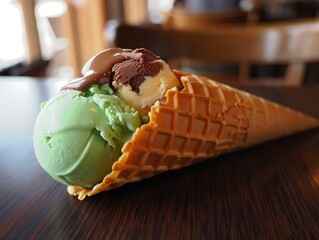 Delicious multi-flavored ice cream cone with waffle cone presented on a table perfect for summer refreshment.