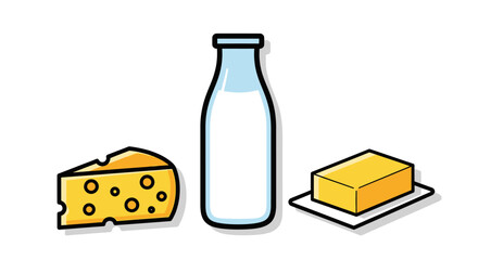 Simple cartoon illustration of dairy essentials - yellow cheese wedge, white milk bottle, and golden butter block.