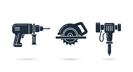 Silhouette Illustration of Power Tools - Drill, Saw, and Puncher.