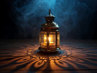 Vintage lantern glowing with warm light casting ornate shadows on a rustic surface