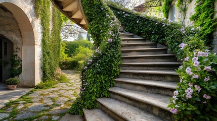 A spiral staircase wrapped in lush ivy and blooming jasmine in an old European villa 
