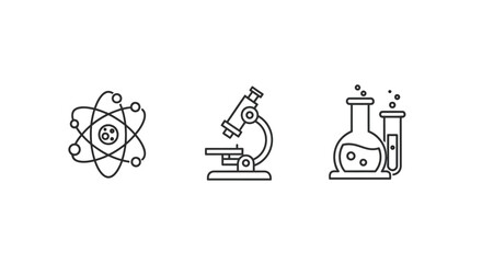 Simple Line Art Icons of Atom, Microscope, and Laboratory Glassware.