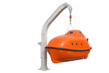 Orange marine lifeboat suspended by davit on transparent background