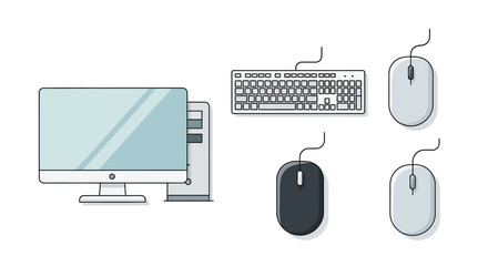 Simple Line Art Illustration of Desktop Computer, Keyboard, and Mice.