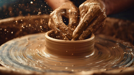 Dirty Hands Expertly Shaping Wet Clay on a Potter's Wheel, Highlighting the Craftsmanship and Texture of Traditional Pottery.
