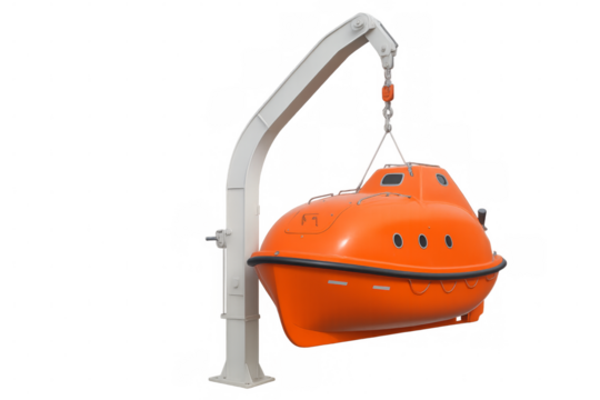 Orange marine lifeboat suspended by davit on transparent background