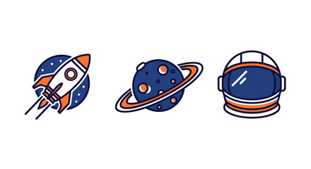 Space Exploration Icon Set - Rocket Launch, Ringed Planet, Astronaut Helmet.