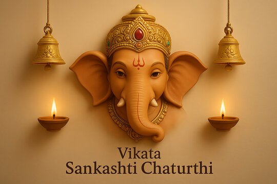 Majestic 3d render of lord ganesha's face in golden crown with two hanging brass bells and illuminated oil lamps diwali diya on beige wall for vikata sankashti chaturthi and ganesh chaturthi