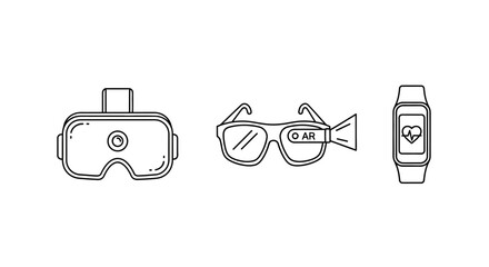 Three distinct wearable technology devices - VR headset, AR glasses, and smartwatch.