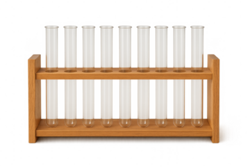 Glass biochemistry test tubes in wooden rack