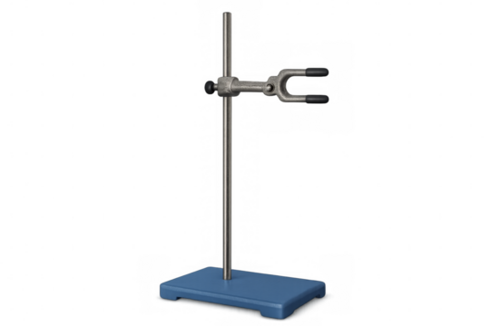 Laboratory retort stand with clamp, transparent background