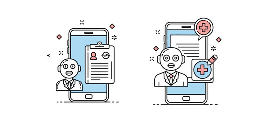 Two smartphones displaying medical information with a doctor icon and medical symbols.