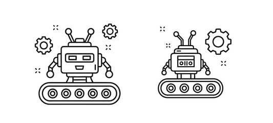 Two stylized line art robots with treads and gears.