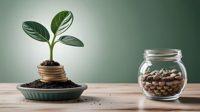 Green plant sprouts from stack of gold coins in pot next to jar of pebbles on wooden table - Powered by Adobe