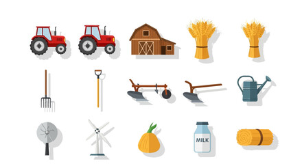 Vibrant flat design farm and agriculture icons - tractors, barn, tools, produce, and windmill.