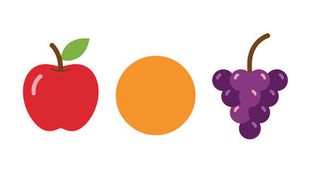 Vibrant flat design red apple, round orange, and purple grape bunch illustration.
