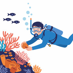 Cartoon Illustration of Deep Sea Diver Exploring Coral Reef Marine Life