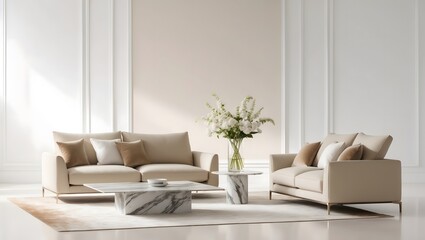 Living room interior with brown sofa, coffee table, floor lamp and plant. Two picture mock up on warm, sepia wall.