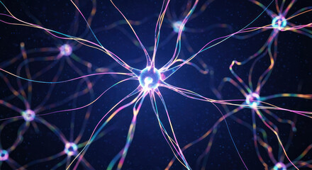 Neurons in a brain, glowing with blue and purple light, against a dark background.