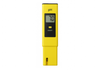 Yellow digital ph meter showing neutral water quality