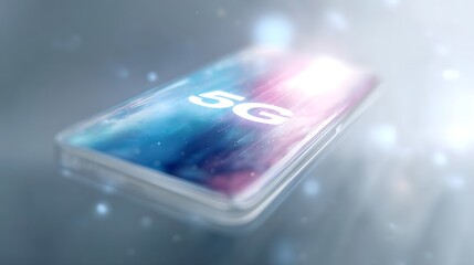 A smartphone displays the 5G symbol illuminated by abstract futuristic light effects symbolizing advanced connectivity