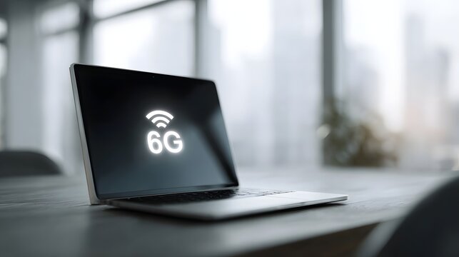 A modern laptop displays a glowing 6G wireless network symbol on its screen in a bright contemporary office setting symbolizing advanced connectivity