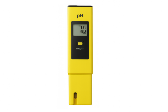 Yellow digital ph meter showing neutral water quality