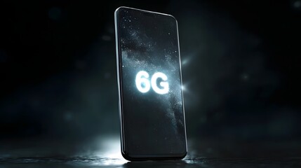 A futuristic smartphone displays a glowing 6G network projection against a dark abstract background