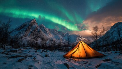A glowing orange tent sits in a snowy landscape beneath a vibrant aurora borealis display illuminating jagged snow-covered mountains and a dark, starlit sky