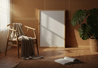 Sunlit Japandi Interior with Wishbone Chair, Rattan Wall, and Blank Poster Mockup