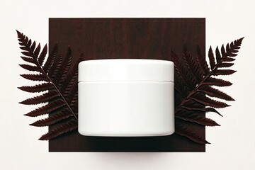White cosmetic jar framed by dark fern leaves on a dark square