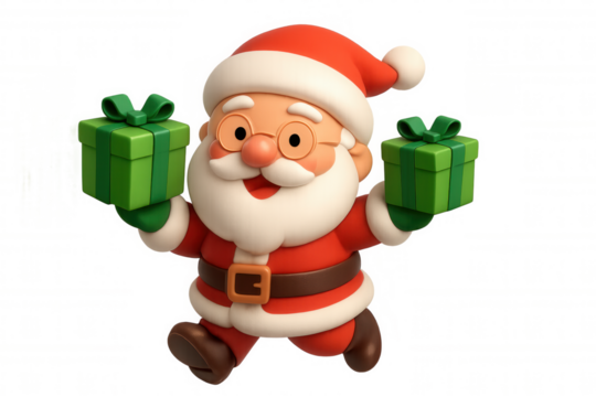 Santa claus cartoon character running, holding christmas gifts with a happy expression. Festive holiday concept