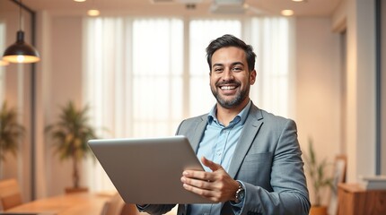 Excited, businessman and laptop with celebration for good news, promotion or winning at office. Happy man
