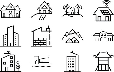 Set of 12 Minimal Line Icons of Houses, Buildings, and Architecture – Residential, Commercial, and Modern Real Estate Vector Illustrations on White Background