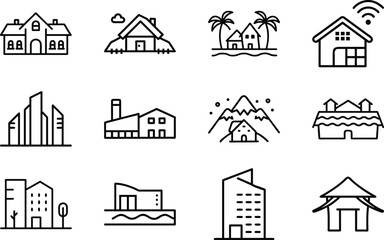 Set of 12 Minimal Line Icons of Houses, Buildings, and Architecture – Residential, Commercial, and Modern Real Estate Vector Illustrations on White Background