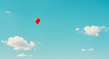 Fototapeta premium Single Red Balloon Floating in Clear Teal Sky with Soft Clouds – Minimalist Freedom Concept