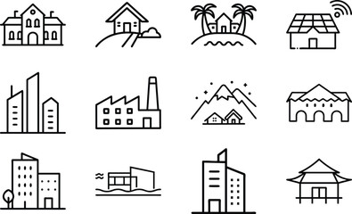 Set of 12 Minimal Line Icons of Houses, Buildings, and Architecture – Residential, Commercial, and Modern Real Estate Vector Illustrations on White Background